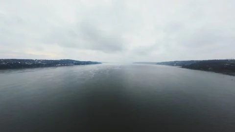Winter River Horizon Aerial View Stock Footage 321495111