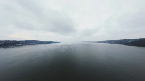 Winter River Horizon Aerial View Stock Footage 321495201