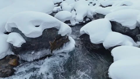 Winter river with icicles slow Video stock 328961026