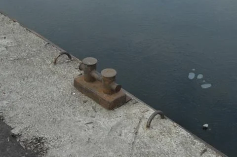 Winter river mooring with mooring elements Stock Photos