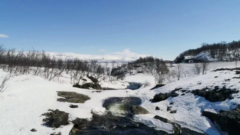Winter river scene with snow, ice and water flowing. Drone flying over forward Stock Footage 78736859