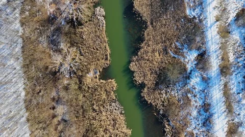 Winter River Serenity: Aerial View of Frozen Nature and Tranquil Waters Stock Footage 281114116