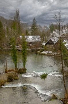 Winter river in a small town Stock Photos