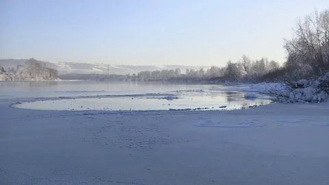 Winter river, snow on the beach. Stock Footage 83081947