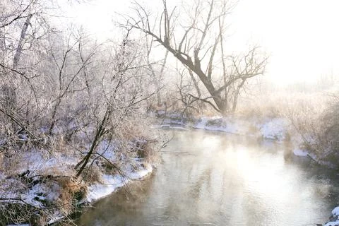 Winter River in the Snow Landscape Stock Photos