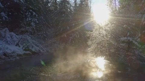 Winter River Sun Flare Pullback and Rise Stock Footage 123106221