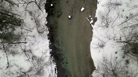 Winter river top down view with snow Video stock 148389750