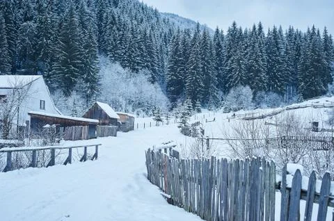 Winter road after the snowfall through the rural appartments 写真素材