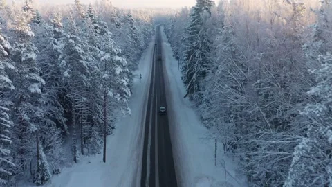 Winter road between forest, aerial view Stock Footage 223764920