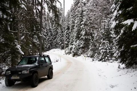 Winter off road in forest Stock Photos
