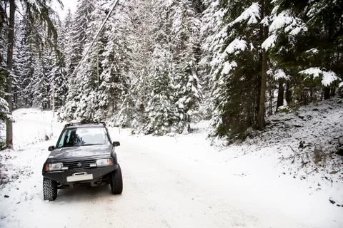 Winter off road in forest Stock Photos