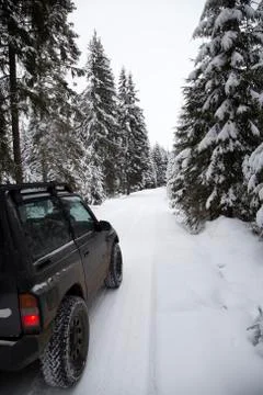 Winter off road in forest Stock Photos