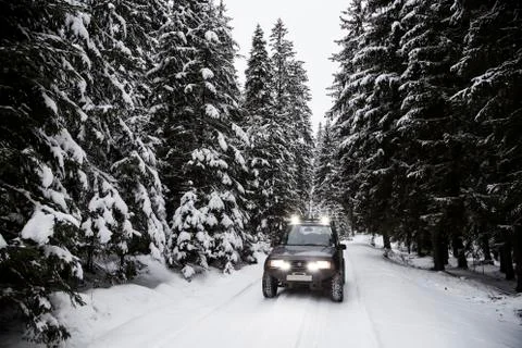 Winter off road in forest Stock Photos