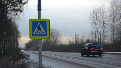 Winter road by the forest at sunset, pedestrian crossing Stock Footage 123595286