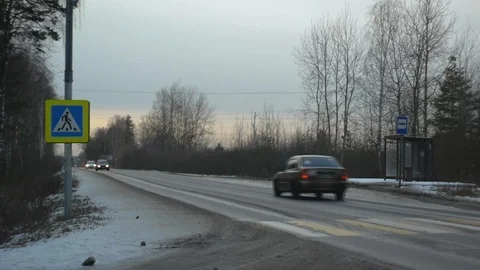 Winter road by the forest at sunset, pedestrian crossing Stock Footage 123595341