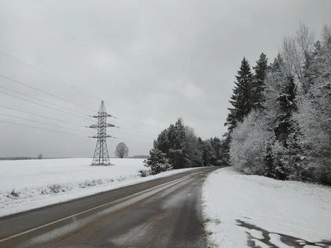 Winter road next to forest Stock Photos
