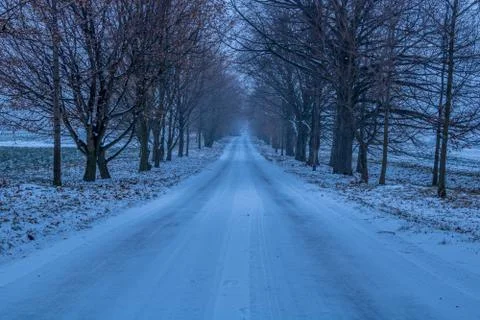 Winter road path fully covered by fresh snow Stock-Fotos