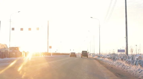 Winter road, the reflection of the sun Stock Footage 65077757