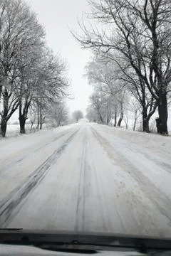 Winter road running between the frozen trees. 스톡 사진