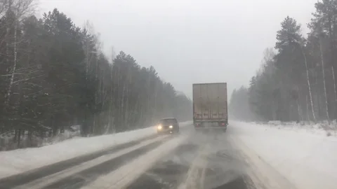 Winter road. Snowfall. Видео 77661057