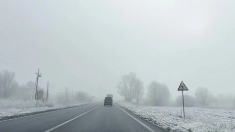 Winter road with snowy trees and bushes in fog Stock Footage 317093222