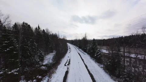 Winter Road Through Forest – Aerial FPV Flyover Stock Footage 321657633