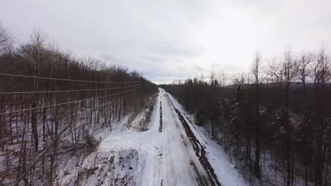Winter Road Through Forest – Aerial FPV Flyover Stock Footage 321657747