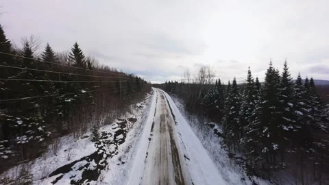 Winter Road Through Forest – Aerial FPV Flyover Stock Footage 321657803
