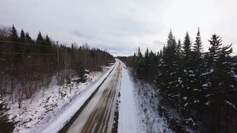 Winter Road Through Forest – Aerial FPV Flyover Stock Footage 321657828