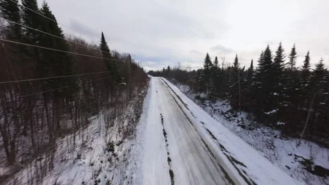 Winter Road Through Forest – Aerial FPV Flyover Stock Footage 321657879