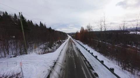 Winter Road Through Forest – Aerial FPV Flyover Stock Footage 321658056