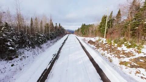 Winter Road Through Forest – Aerial FPV Flyover Stock Footage 321659440