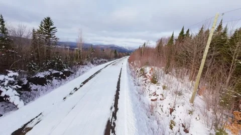 Winter Road Through Forest – Aerial FPV Flyover Stock Footage 321659475