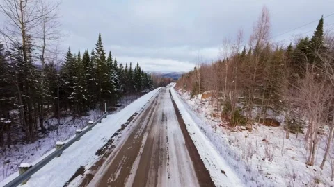 Winter Road Through Forest – Aerial FPV Flyover Stock Footage 321659505