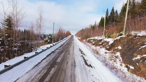 Winter Road Through Forest – Aerial FPV Flyover Stock Footage 321659740