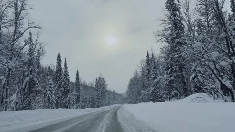 Winter road with trees covered in snow. Driving a car on a snowy highway. Stock Footage 321423089