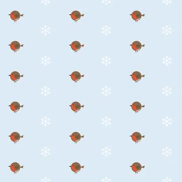 Winter robin seamless pattern with red-breasted birds and white snowflakes on Stock Illustration