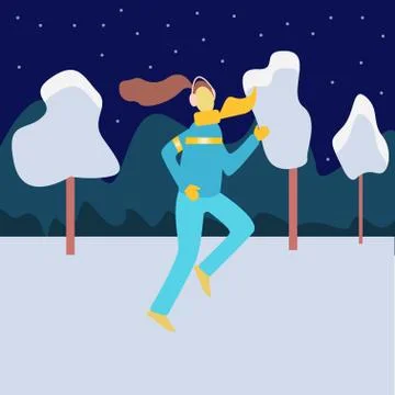 Winter running concept. Young athletic woman doing jogging in winter colored Stock Illustration