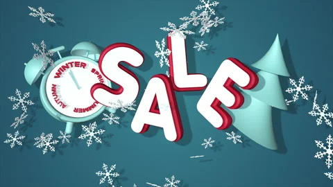 Winter Sale with animated 3D text, Christmas tree, alarm clock and snowflakes Stock Footage 228606988