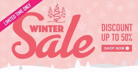 Winter sale social network banner. Pink background, snowflakes Stock Illustration