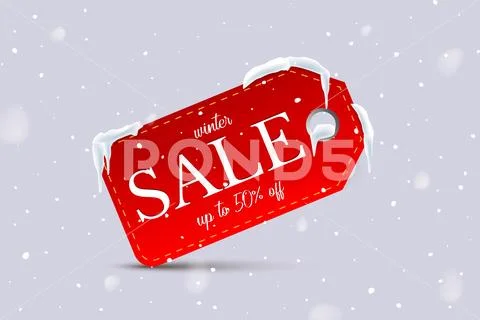 Winter Sale text on red tag isolated on snowfall background. Vector design Stock Illustration
