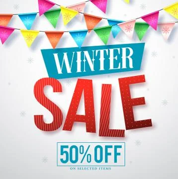 Winter sale vector banner design for promotions with hanging colorful streamers Stock Illustration