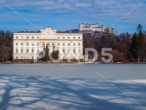 Winter in Salzburg, Leopoldskron Castle and Fortress Hohensalzburg Stock Photos