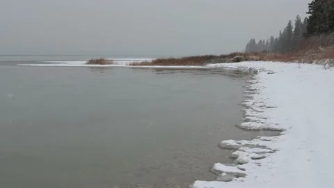 A winter scene along the tree lined shore of a large lake Stock Footage 143195055