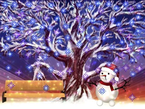 Winter scene with big tree Stockillustratie
