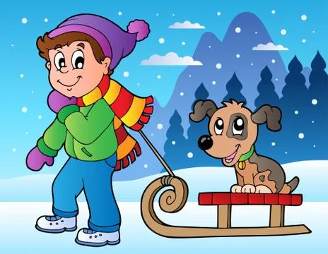 Winter scene with boy and sledge Stock Illustration