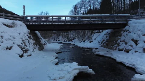 A winter scene with a charming bridge over a frozen river, ideal for exploration Vídeos de archivo 300119037