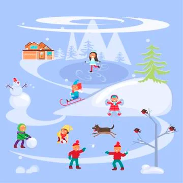 Winter scene with children Stock Illustration