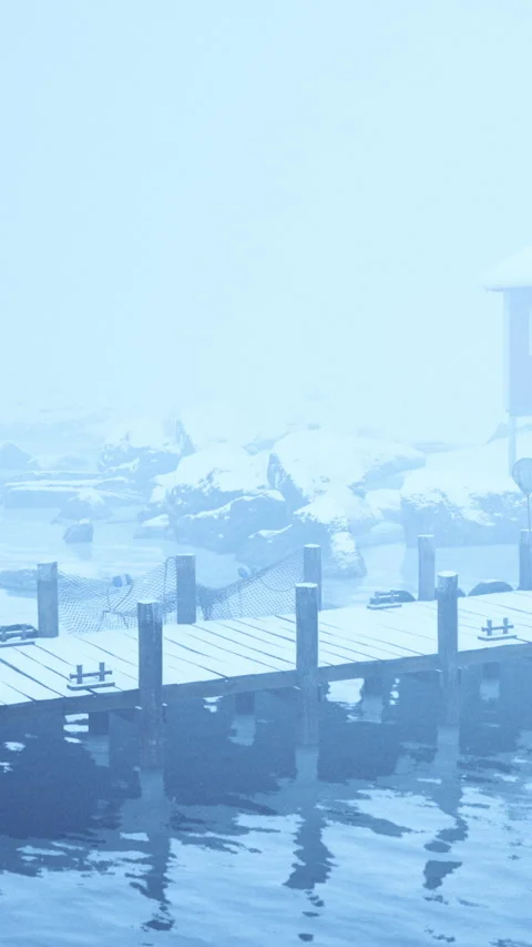 Winter scene with dock, snow, and fog in coastal location during cold season Stock Footage 342191485