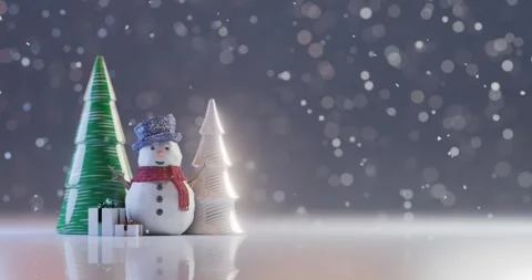 A winter scene featuring a snowman in a red scarf and blue hat, surrounded .. Stock Footage 295759238
